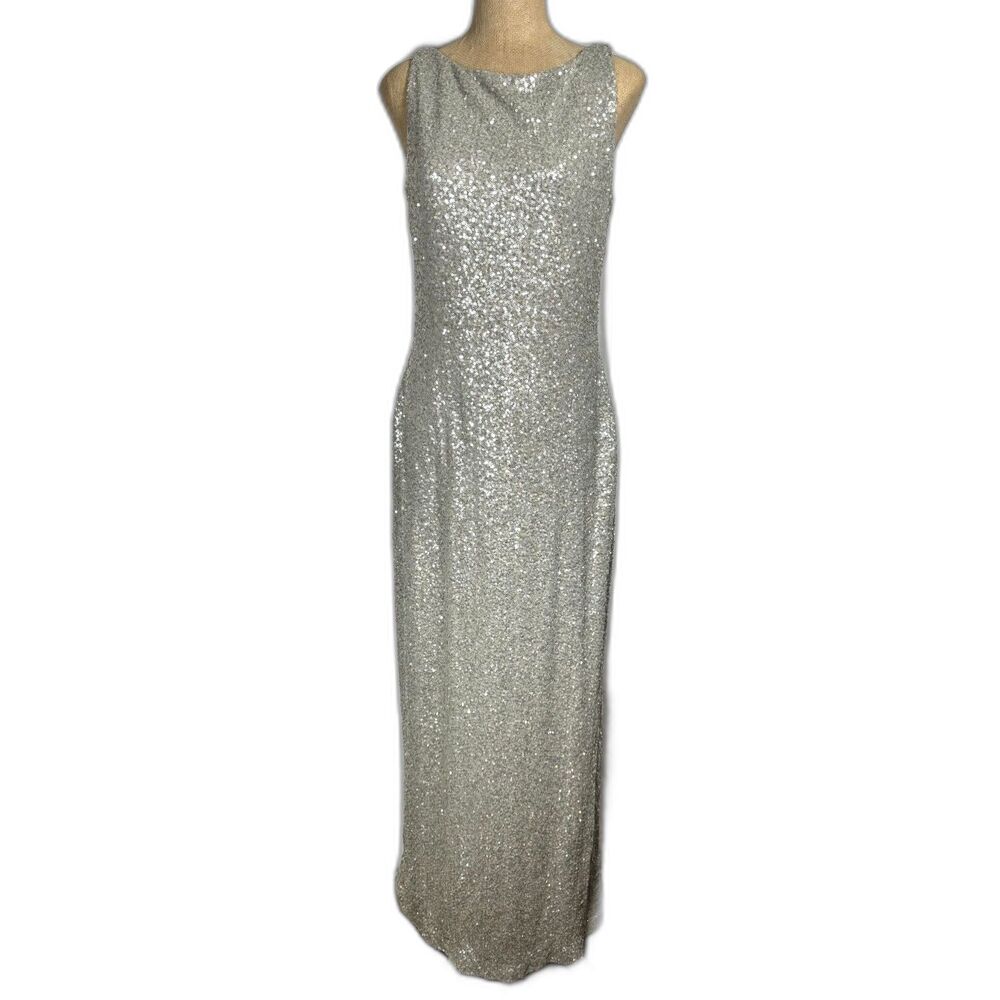 LAUREN RALPH LAUREN EVENING Gown Silver Sequin side slit full length SZ 12